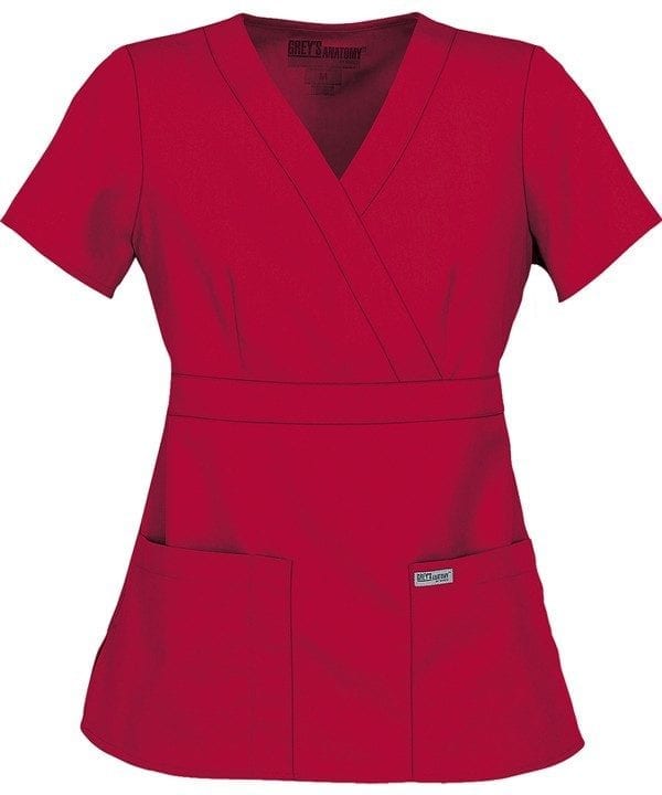 Ladies Mock Wrap Scrub Top Hot Tamale