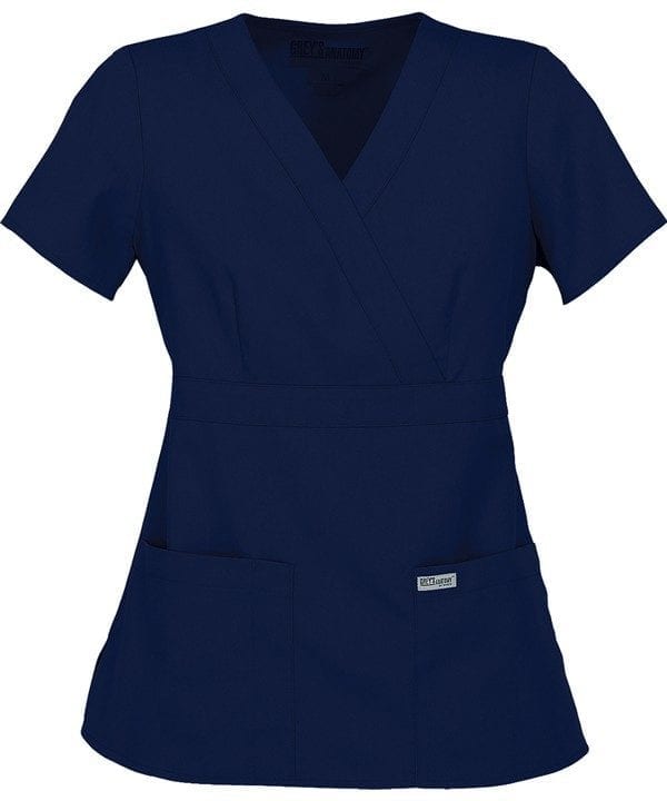 Ladies Mock Wrap Scrub Top Indigo