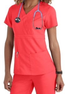 Ladies Mock Wrap Scrub Top Papaya