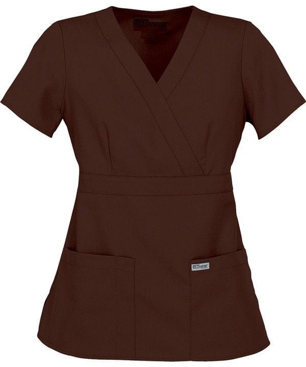 Ladies Mock Wrap Scrub Top Truffle